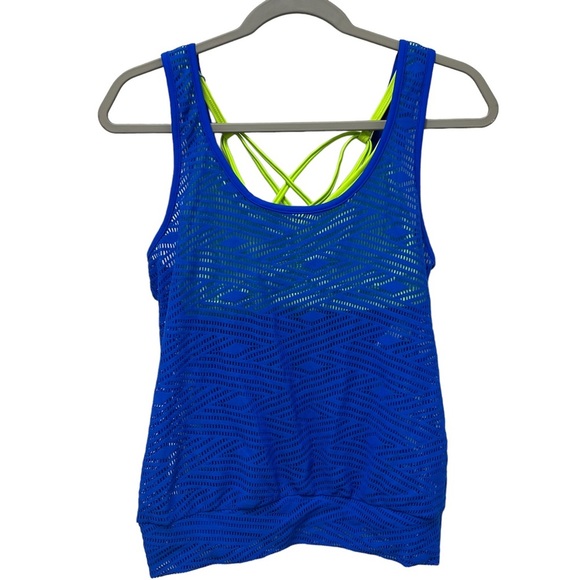 NWT GO by Gossip Sporty Splice Tankini Small Swimsuit Top Sports Bra Blue Lime - Picture 2 of 16